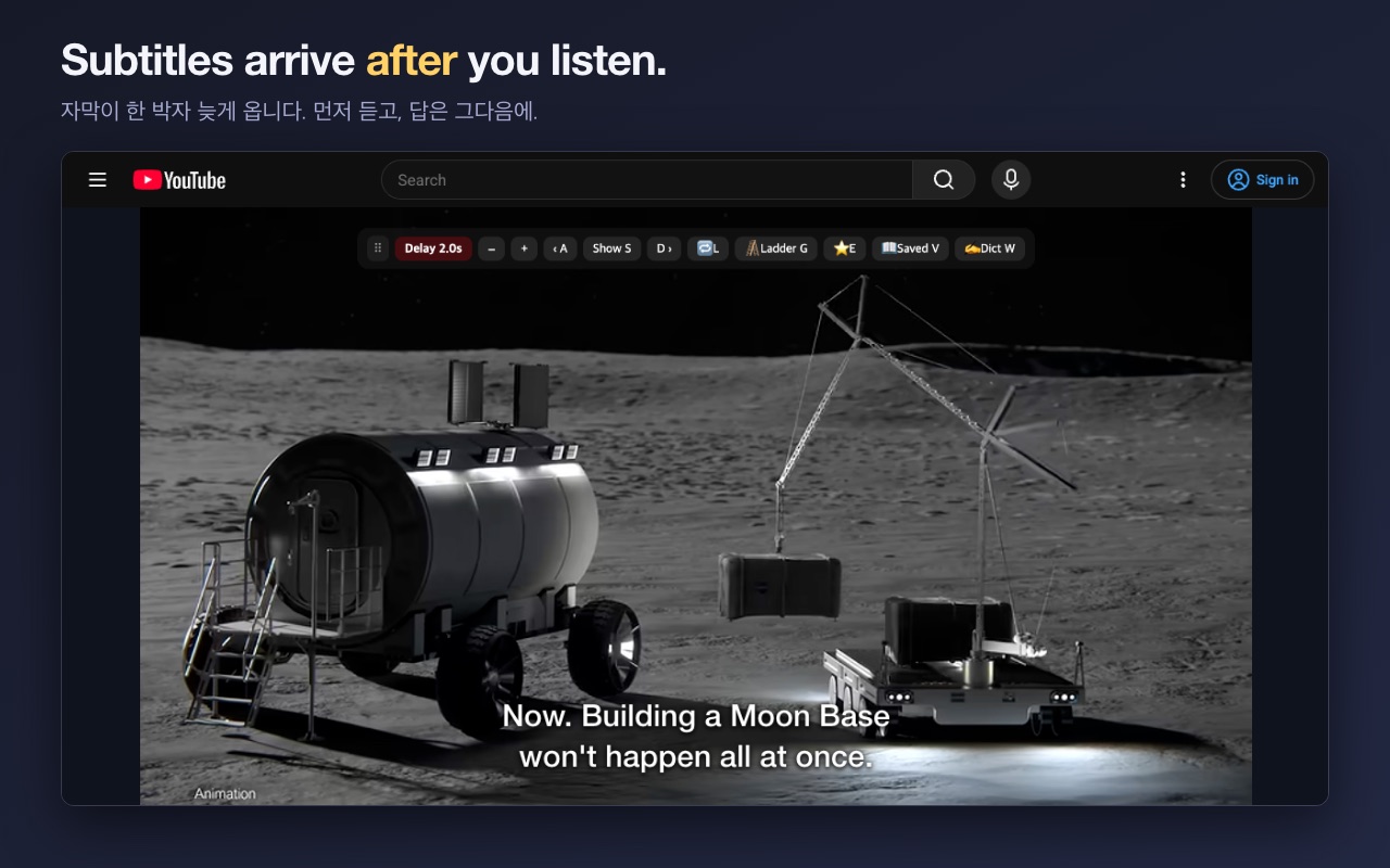 SubLater on a YouTube video: the subtitle arrives a beat behind the audio
